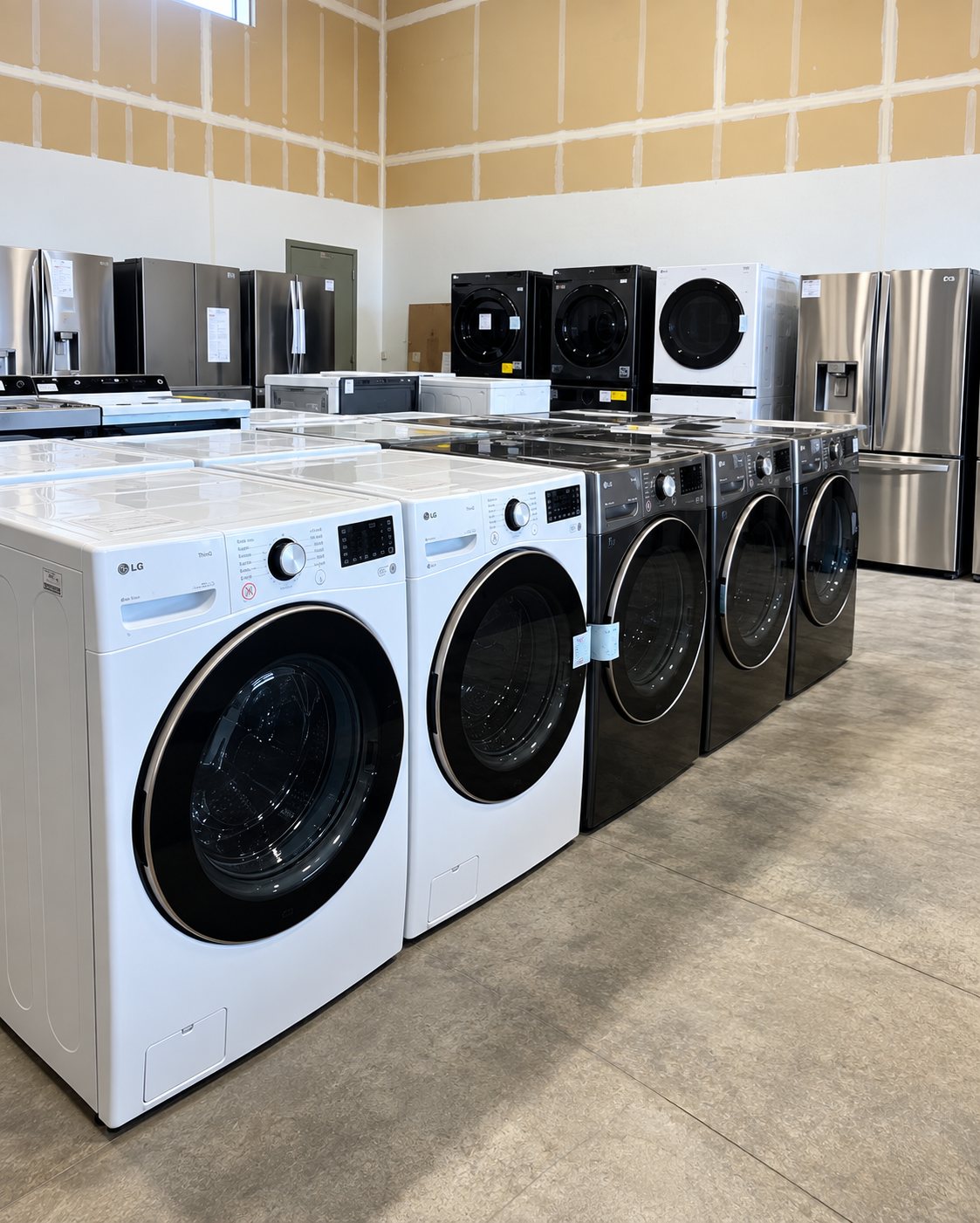 Showroom display of front-load washers and dryers in white and black with refrigerators and other appliances in background