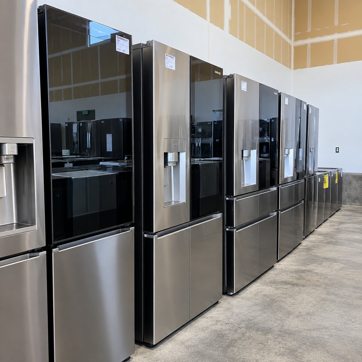 Display of multiple stainless steel refrigerators with black glass panels lined against white wall in showroom